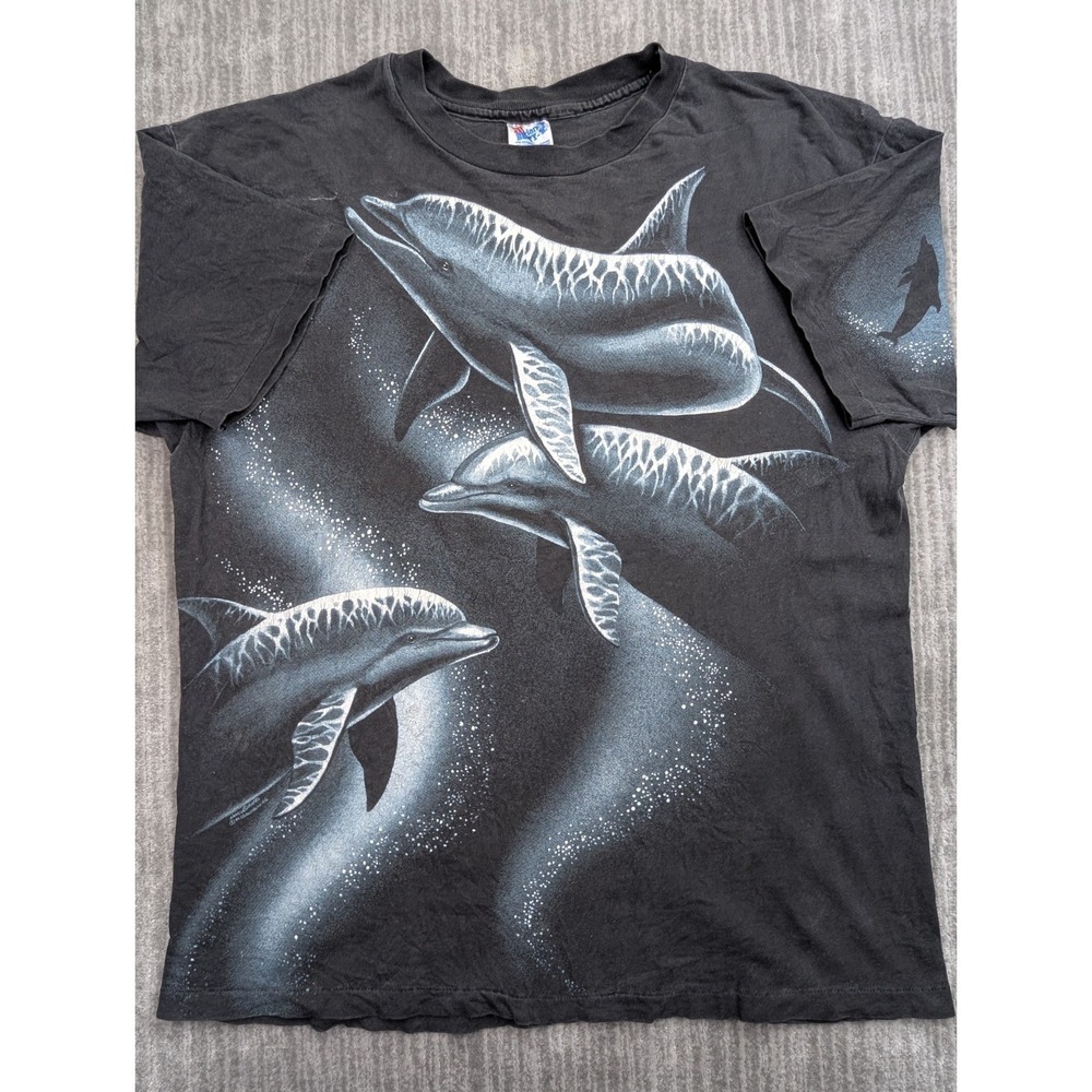 VTG Hanes Beefy-T Mens XL All Over Print Dolphin T Shirt Single Stitch 90s USA